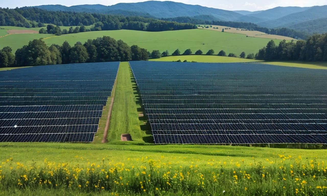 Solarpark am Hang: Modulreihen vor bewaldeten H&uuml;geln
